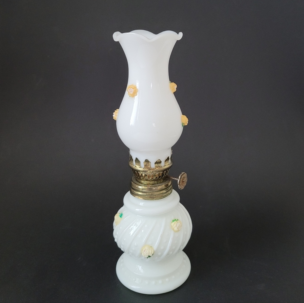 Vintage White Milk Glass w/ Rose Flowers Oil Lamp, Vintage Home Decor] Vintage